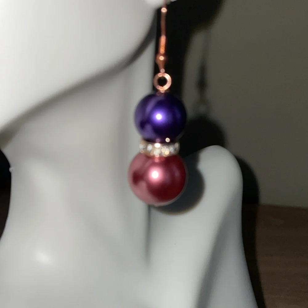 HAND CRAFTED OVERSIZED PIERCED BALL DROP PEARL EARRINGS Rose Gold Purple  Pearls